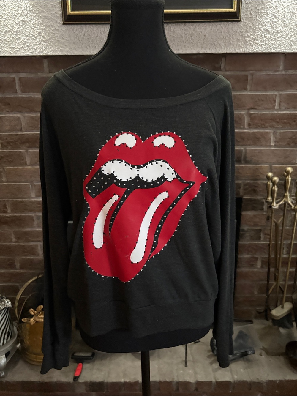 American Apparel Black Off-the-Shoulder Sweater with Red Tongue Graphic